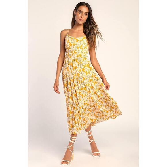 Lulus Dresses & Skirts - Lulus Catching Sunrays Mustard Yellow Floral Print Midi Dress - Size S